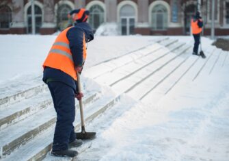 Workers shoveling snow off steps Tips for Reopening Your Business After a Winter Storm